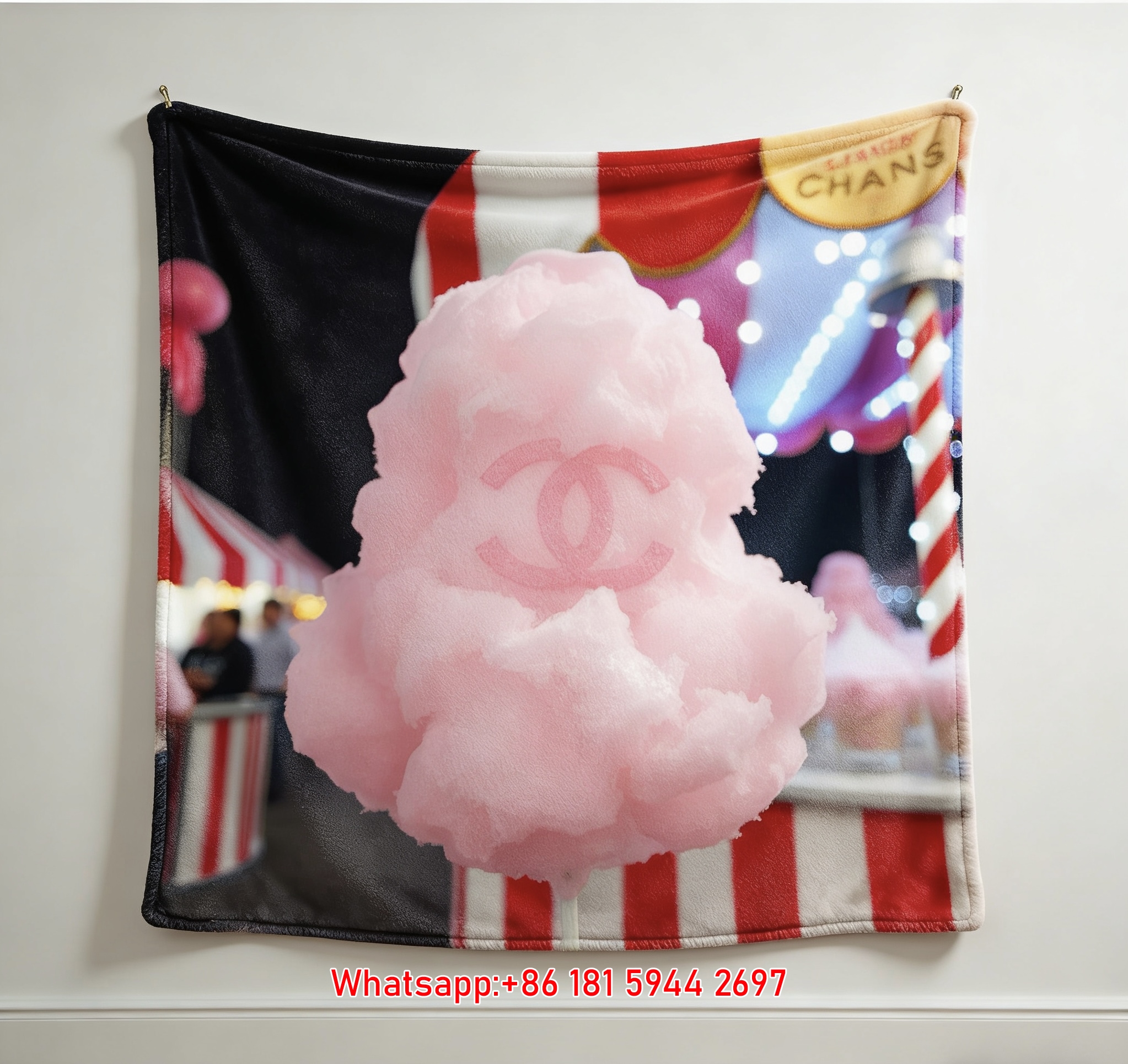 Luxury Pink Chanel CC Logo Cotton Candy Flannel Throw Blanket  Carnival Fair Print IMG_7202